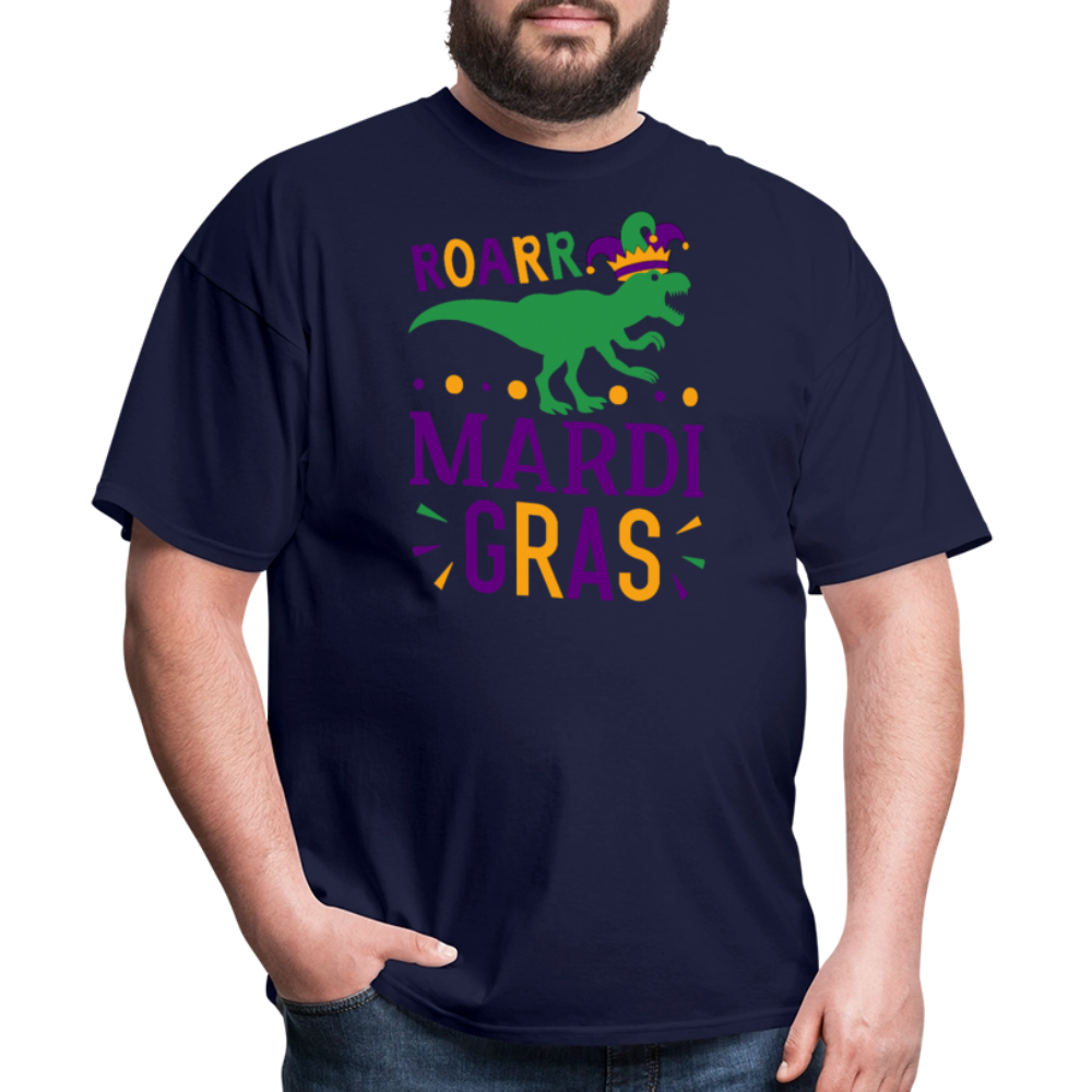 Roar Mardi Gras T-Rex Graphic Tee Funny Mardi Gras T-shirt - navy