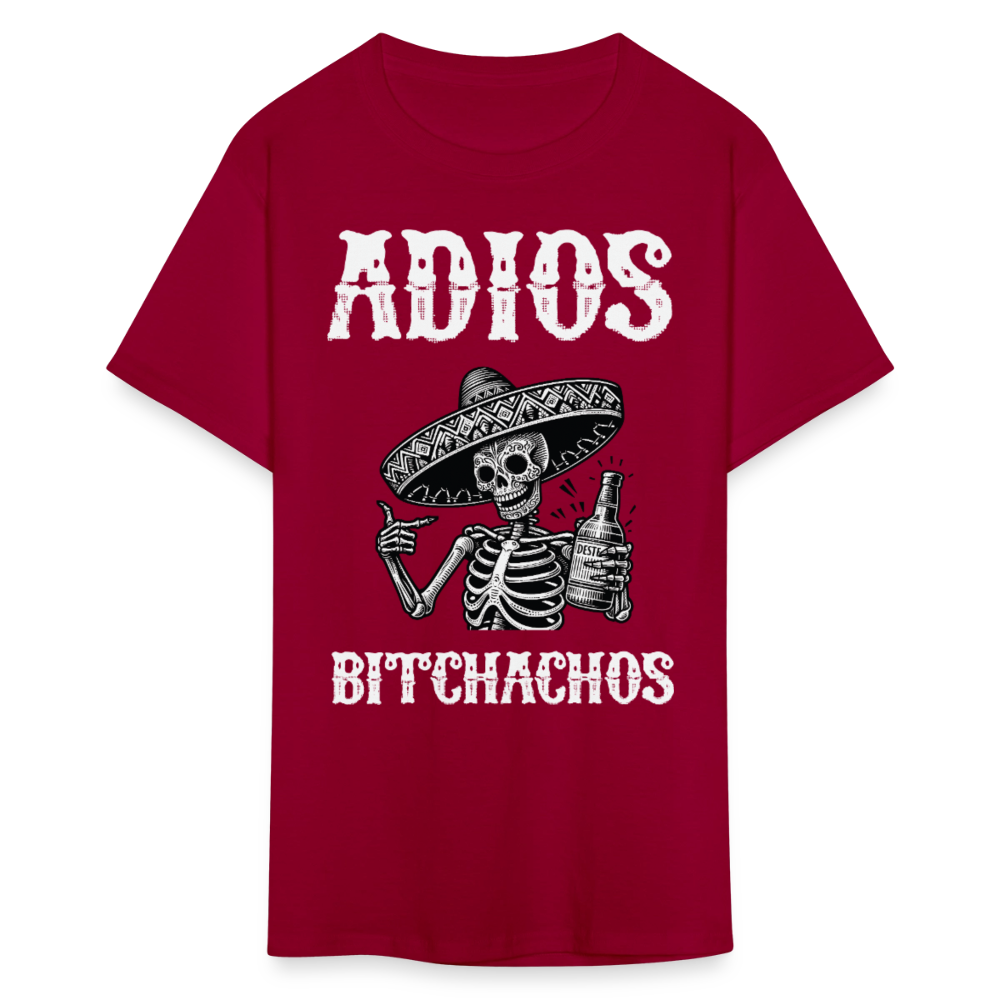 Funny Mexican Skeleton Drinking Tee Adios Bitchachos Fiesta T-shirt - dark red