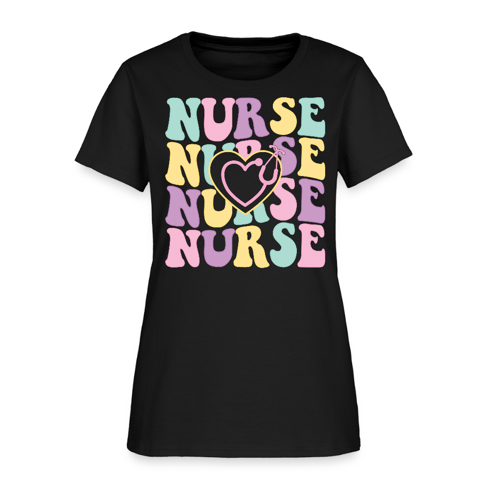 Groovy Retro Heart Stethoscope Nurse T-Shirt - black