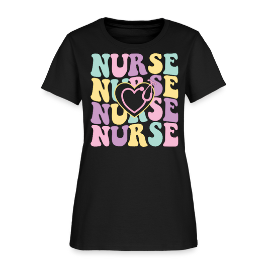 Groovy Retro Heart Stethoscope Nurse T-Shirt - black
