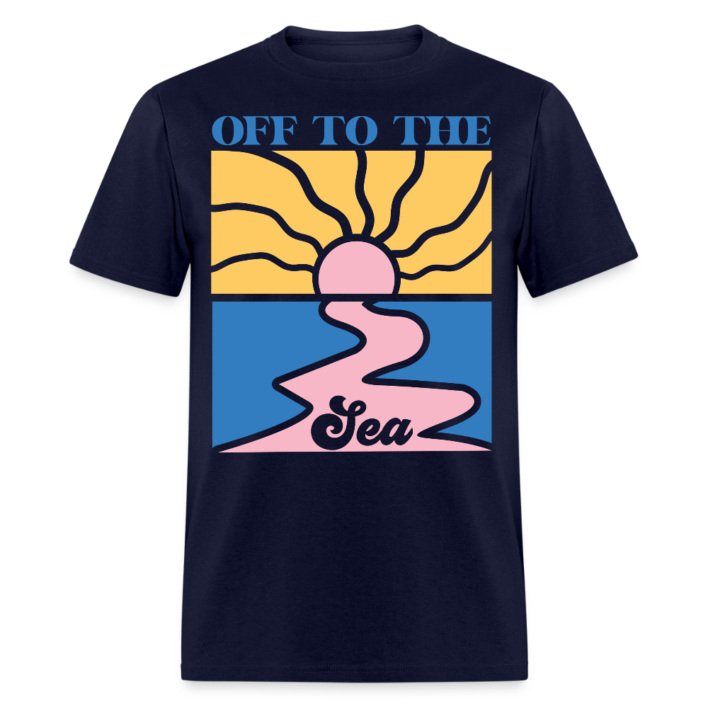 Off To The Sea Retro Sunset Beach T-shirt - navy