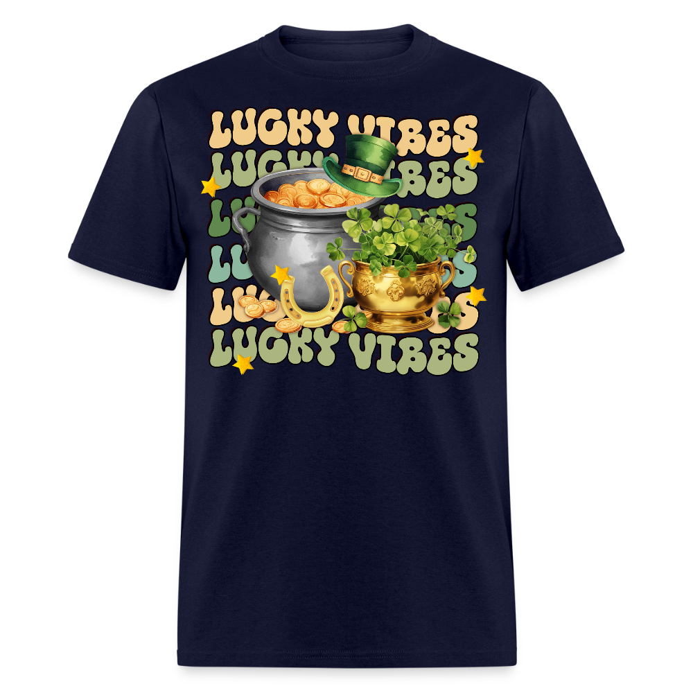 Retro-style St Patrick's Day Lucky Vibes T-shirt - navy