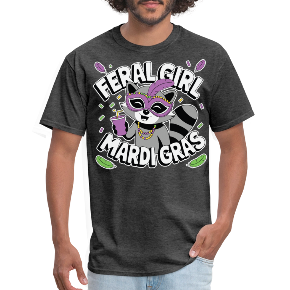 Feral Girl Mardi Gras Party Tee Raccoon Meme T-shirt - heather black