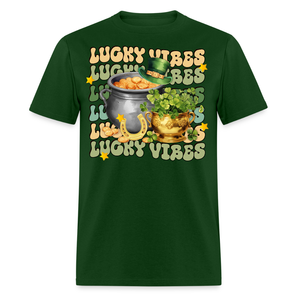 Retro-style St Patrick's Day Lucky Vibes T-shirt - forest green