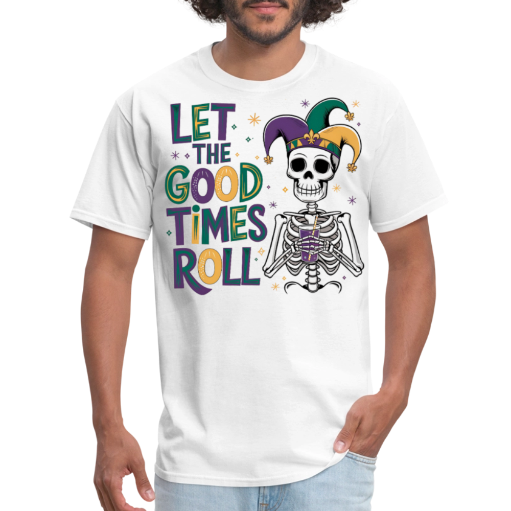 Let the Good Times Roll Mardi Gras Tee Funny Skeleton Jester Hat T-shirt - white