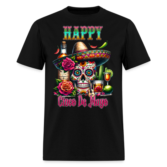 Mexican Fiesta Outfit With Skull And Roses Cinco de Mayo Skull T-shirt - black