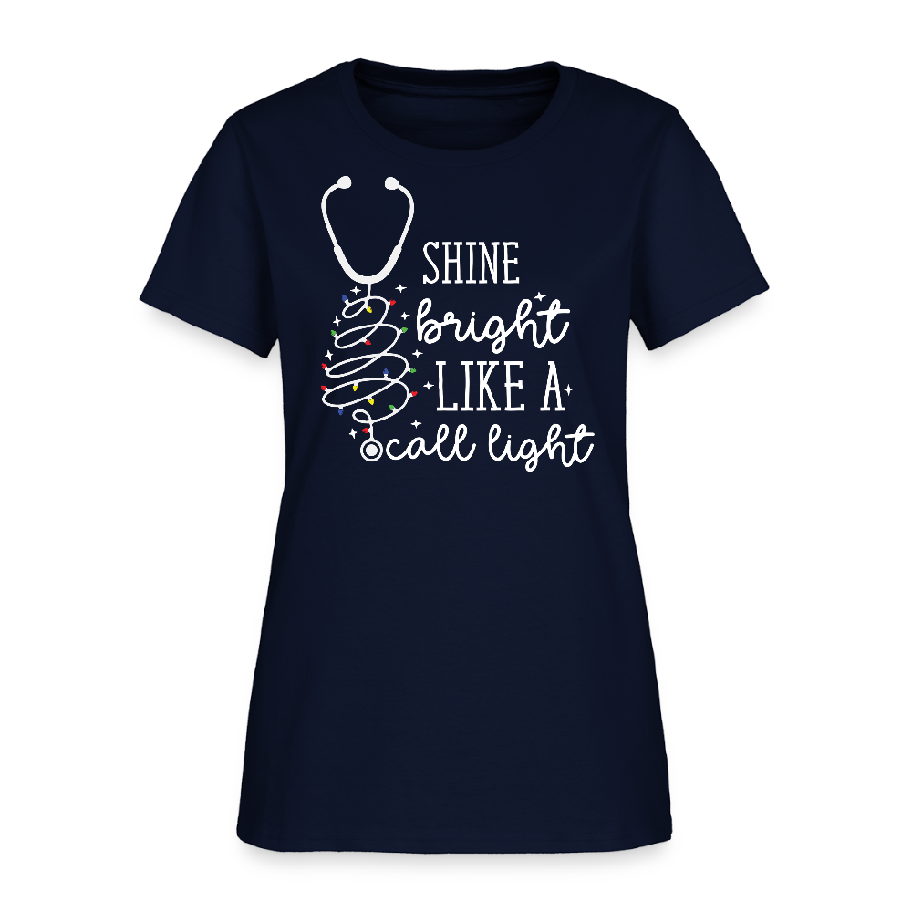 Shine Bright Like A Call Light Nurse Humor Christmas T-Shirt - navy