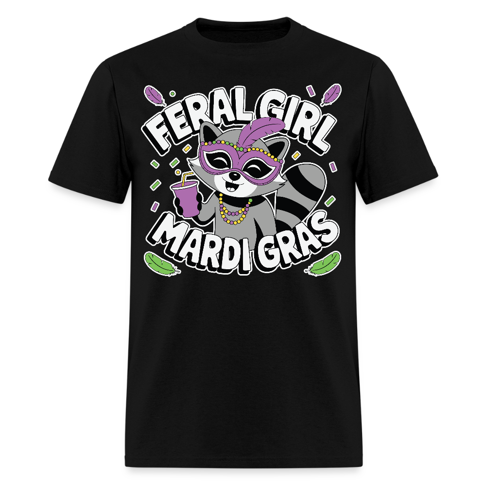 Feral Girl Mardi Gras Party Tee Raccoon Meme T-shirt - black