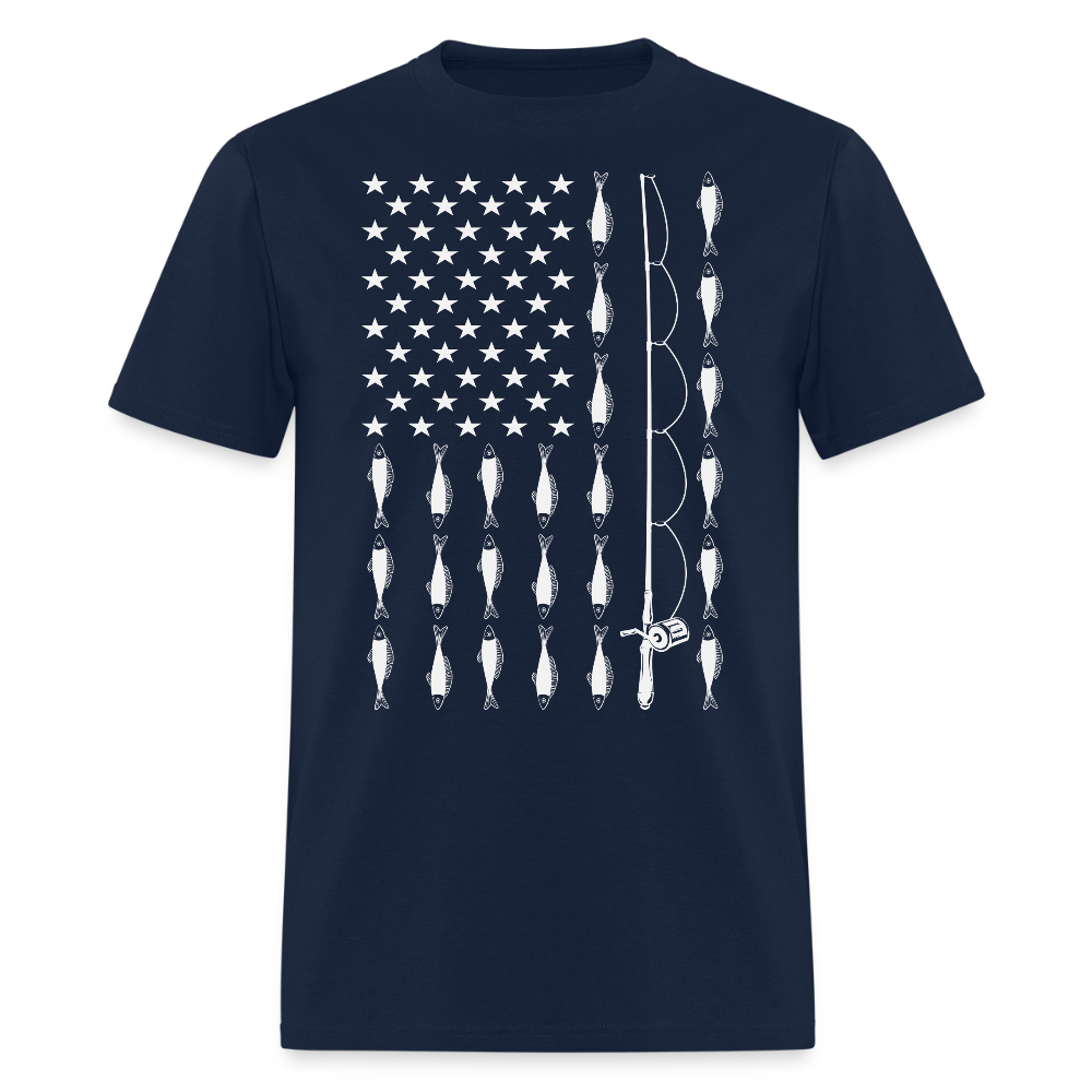 Fishing Shirt With Rod And Fish American Flag T-Shirt - navy
