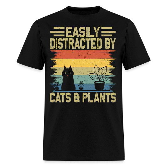 Easily Distracted by Cats & Plants Funny Gardening T-shirt - black