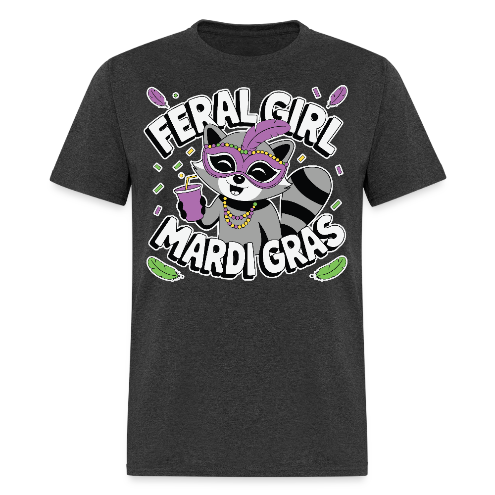 Feral Girl Mardi Gras Party Tee Raccoon Meme T-shirt - heather black