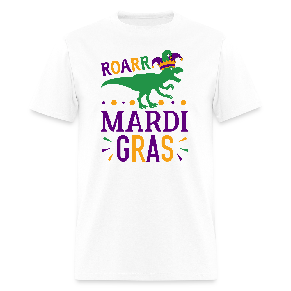 Roar Mardi Gras T-Rex Graphic Tee Funny Mardi Gras T-shirt - white