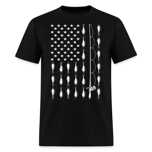 Fishing Shirt With Rod And Fish American Flag T-Shirt - black