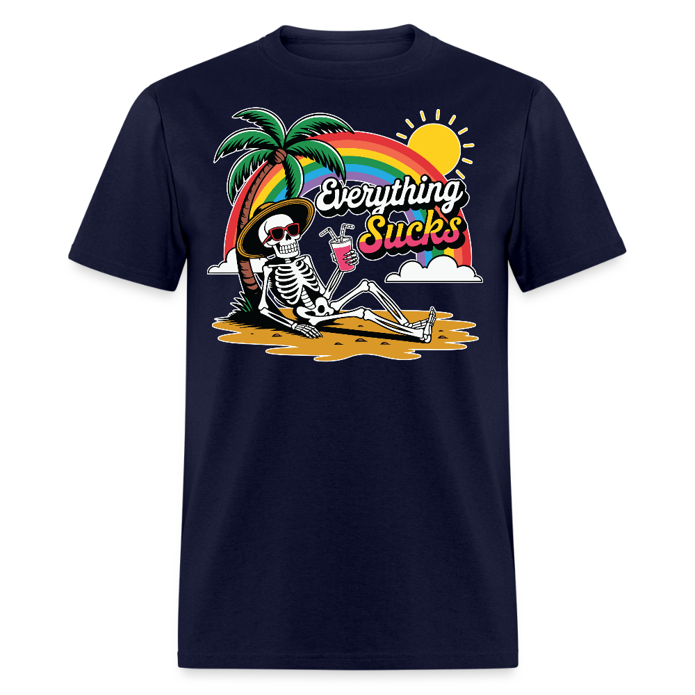 Everything Sucks Dark Humor Rainbow Skeleton T-shirt - navy