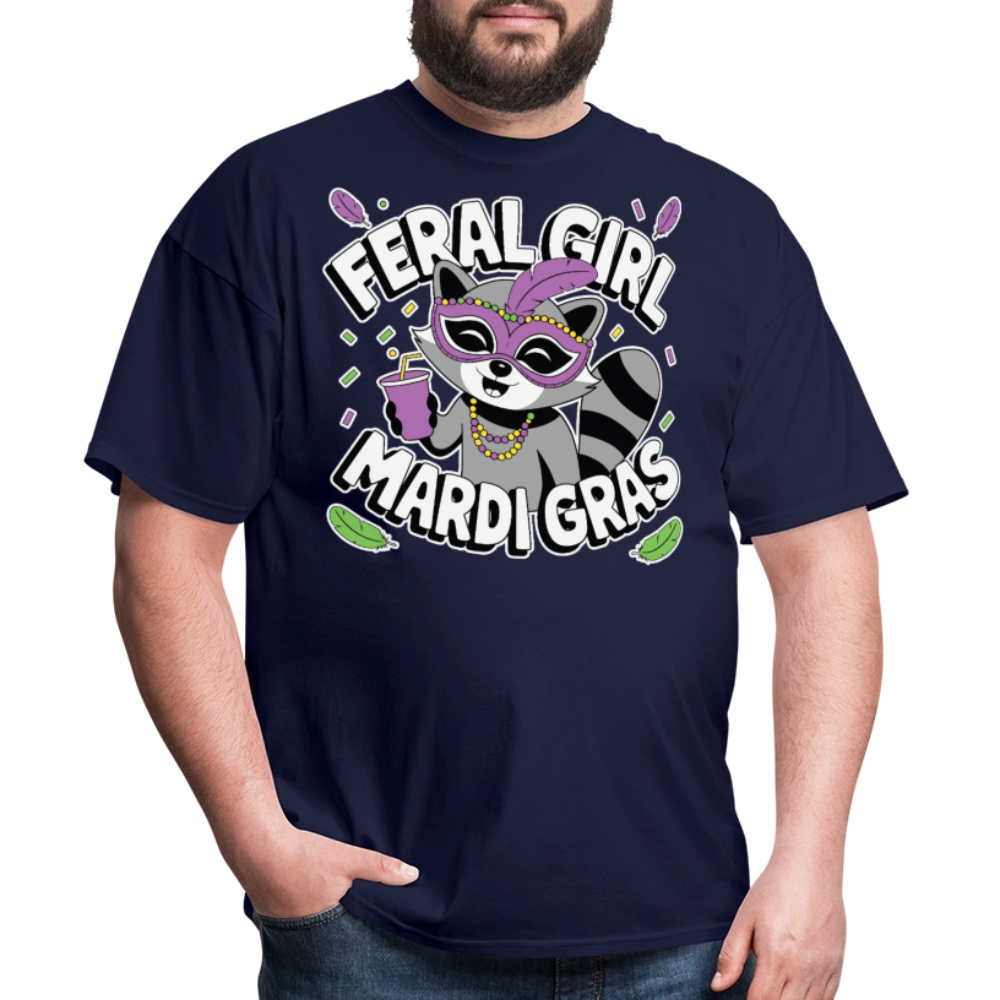 Feral Girl Mardi Gras Party Tee Raccoon Meme T-shirt - navy