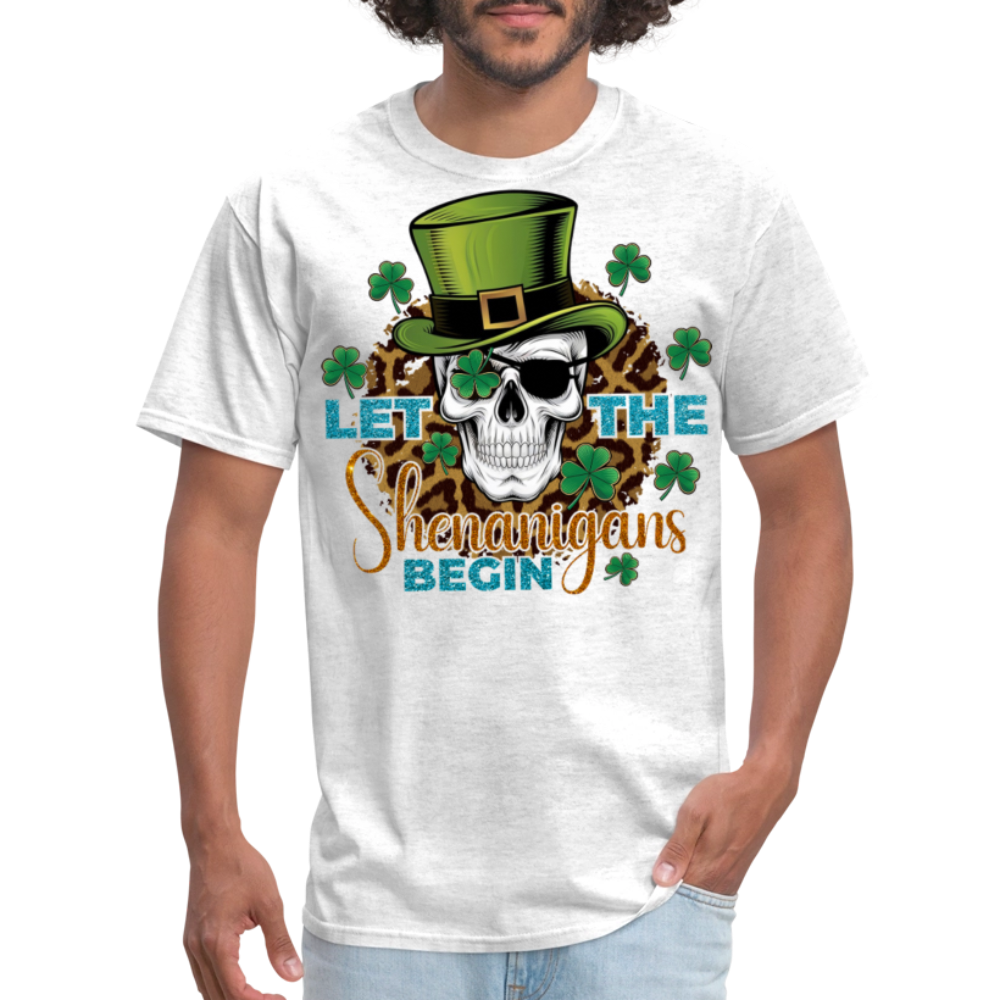 Let The Shenanigans Begin Graphic Skull Design T-shirt - light heather gray