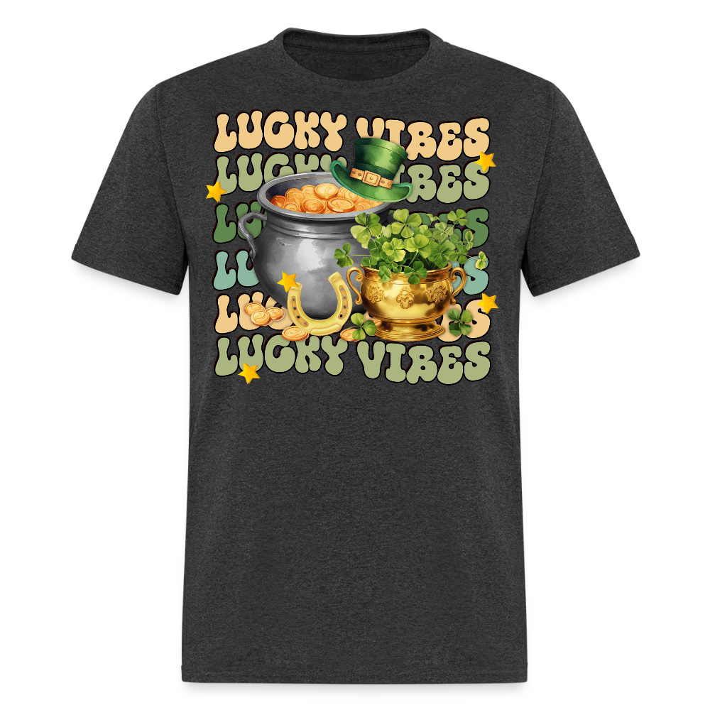 Retro-style St Patrick's Day Lucky Vibes T-shirt - heather black