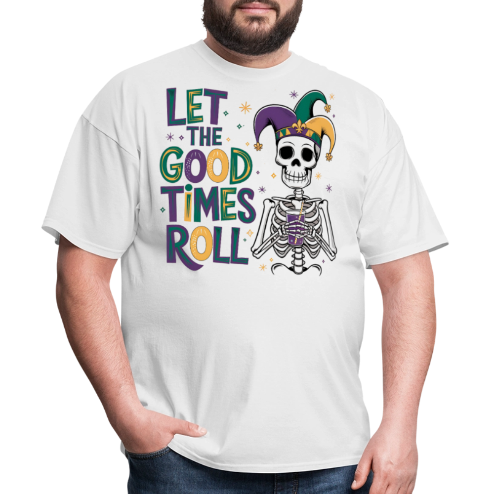 Let the Good Times Roll Mardi Gras Tee Funny Skeleton Jester Hat T-shirt - white