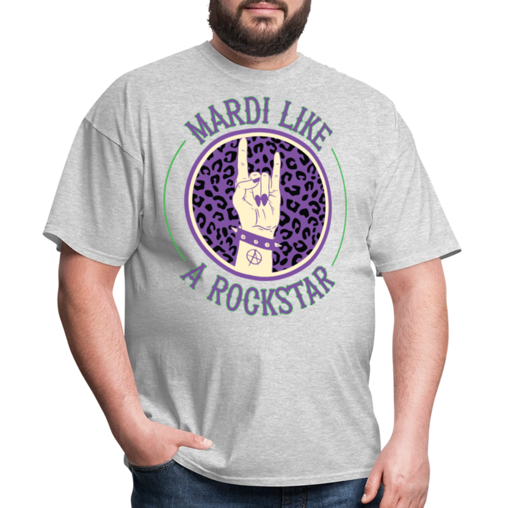 Leopard Print Rock Hand Gesture Tee Mardi Gras Rockstar T-shirt - heather gray