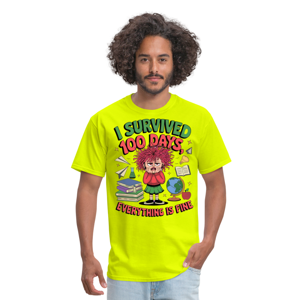 I Survived 100 Days Everything is Fine Tee Funny School Anniversary T-Shirt - safety green