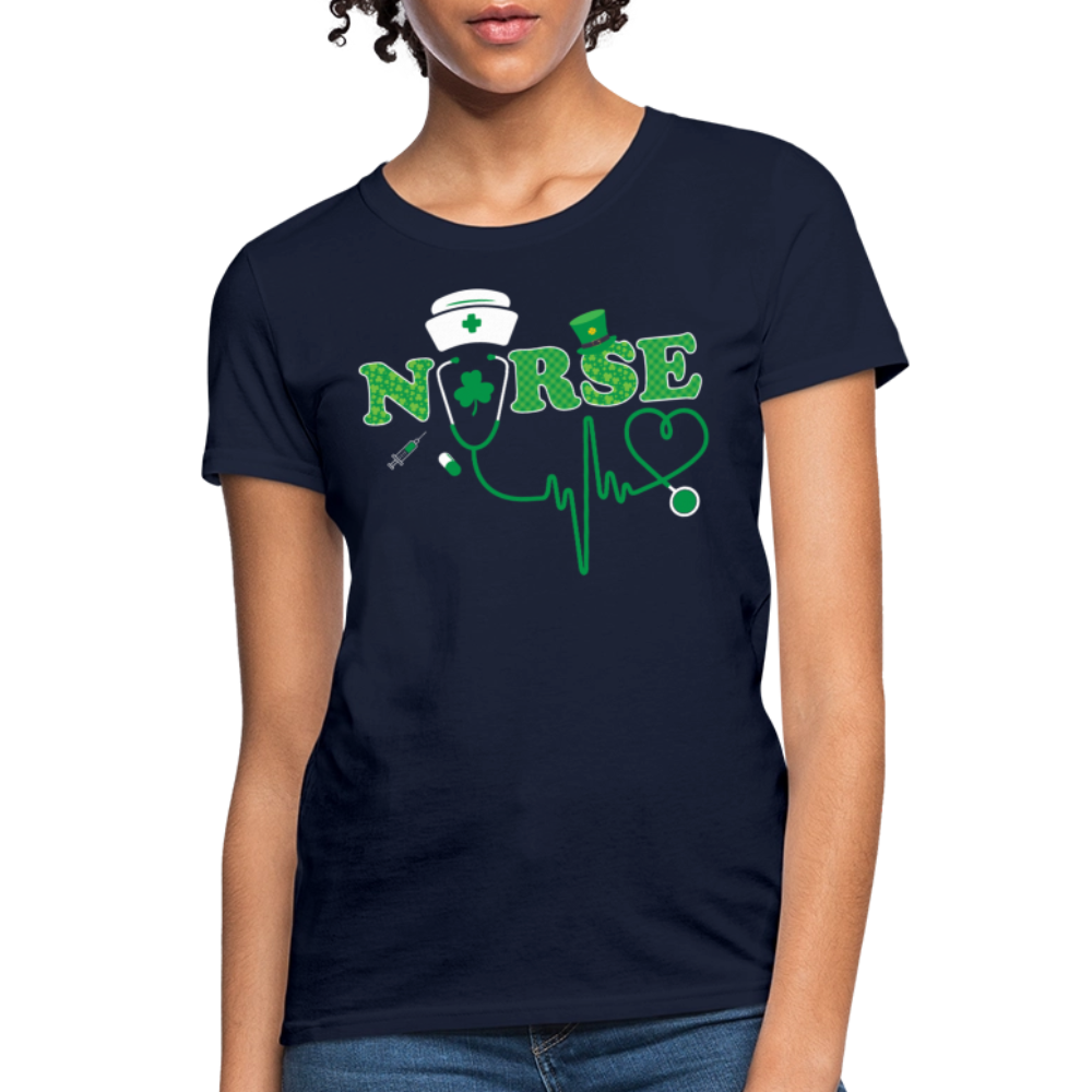 Nurse Stethoscope Heartbeat St Patricks Day T-Shirt - navy