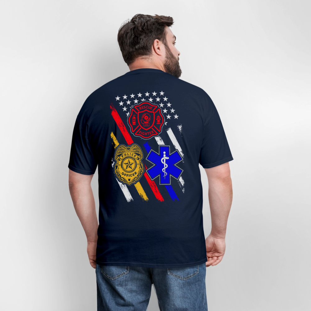 Police Firefighter EMS Support First Responders Flag T-Shirt - navy