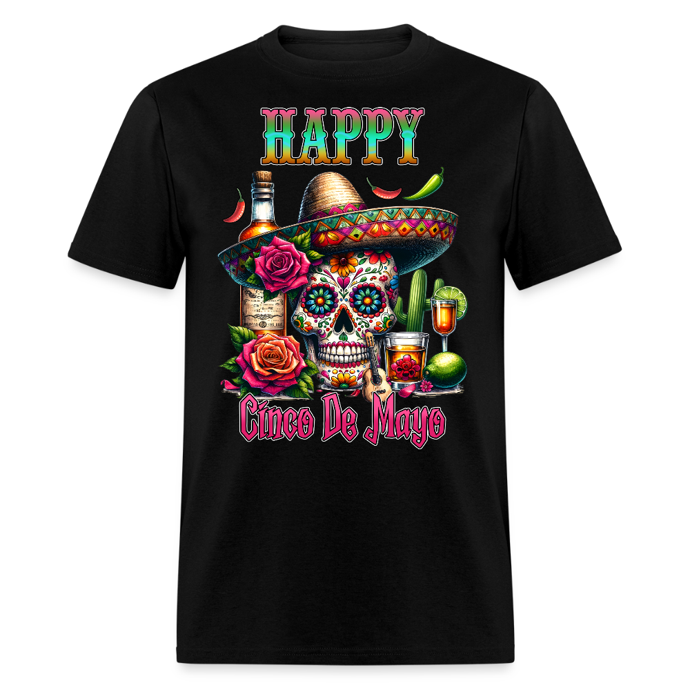 Mexican Fiesta Outfit With Skull And Roses Cinco de Mayo Skull T-shirt - black