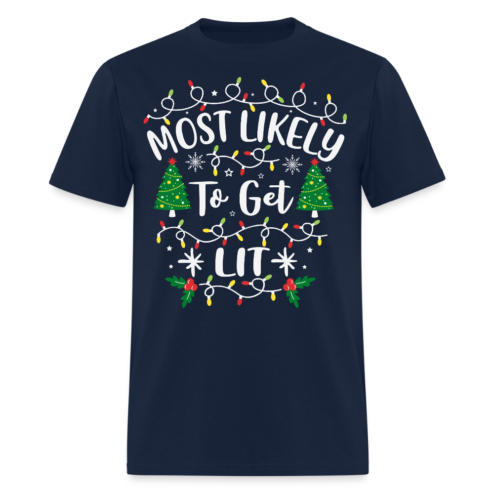 Most Likely To Get Lit Christmas Party T-Shirt - navy
