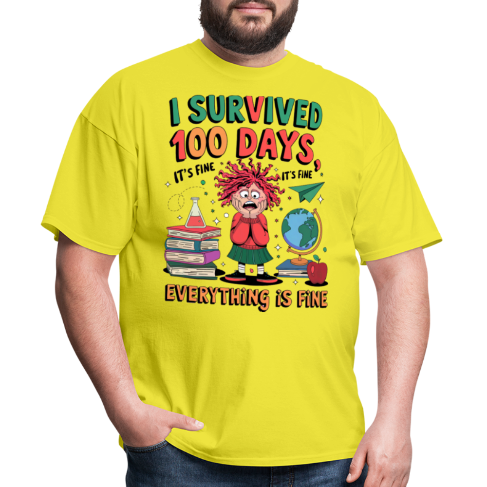 I Survived 100 Days of School Shirt - Funny Teacher and Student Celebration Unisex T-Shirt - yellow