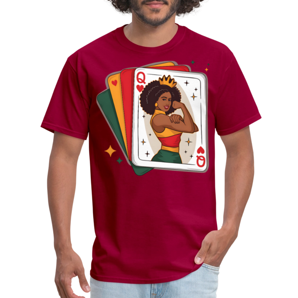 African American Queen Graphic Tee Black Queen Playing Card T-shirt - dark red