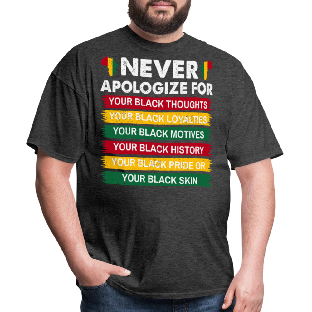 Empowerment Afrocentric Apparel Never Apologize Black Pride T-Shirt - heather black
