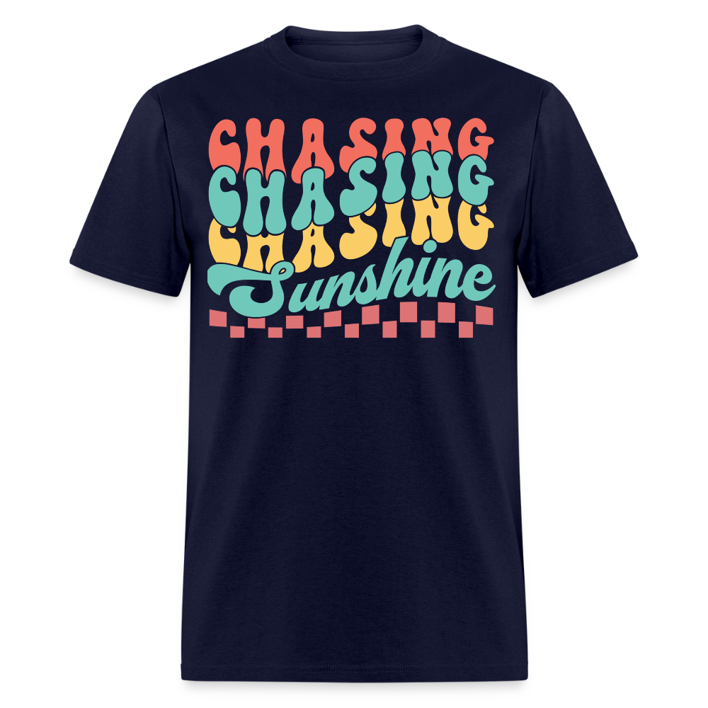 Vintage Chasing Sunshine Groovy Font Hippie T-shirt - navy