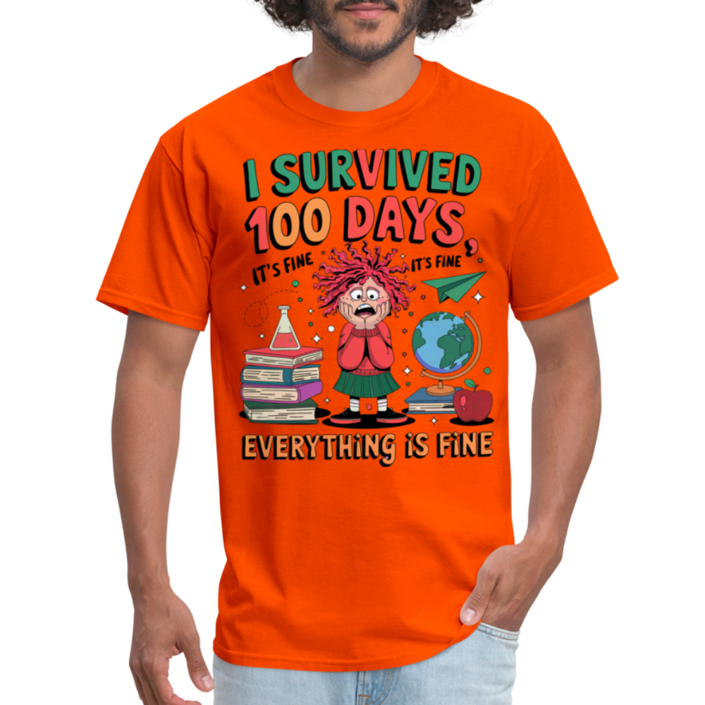 I Survived 100 Days of School Shirt - Funny Teacher and Student Celebration Unisex T-Shirt - orange