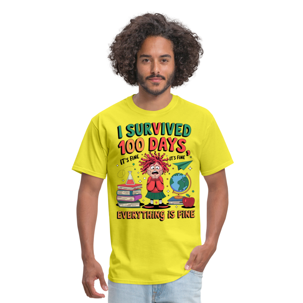 I Survived 100 Days of School Shirt - Funny Teacher and Student Celebration Unisex T-Shirt - yellow