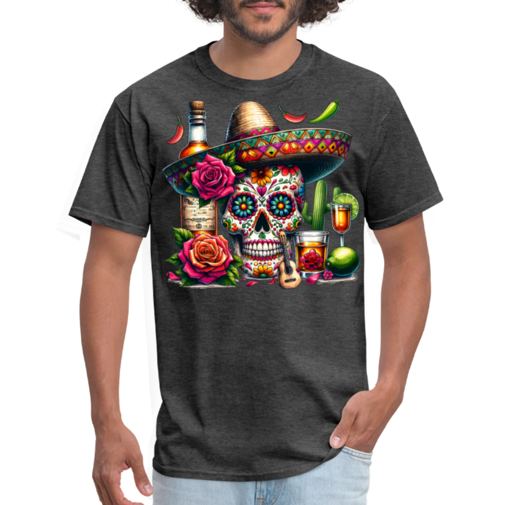 Colorful Mexican Skull Shirt Day Of The Dead Sugar Skull T-shirt - heather black