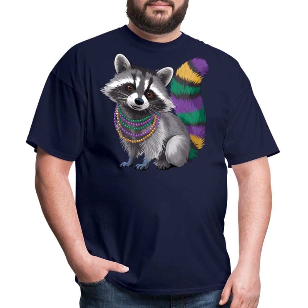 Cute Raccoon Mardi Gras Outfit With Beads Colorful Mardi Gras T-shirt - navy