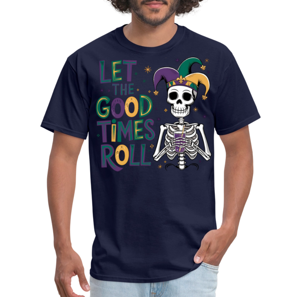 Let the Good Times Roll Mardi Gras Tee Funny Skeleton Jester Hat T-shirt - navy