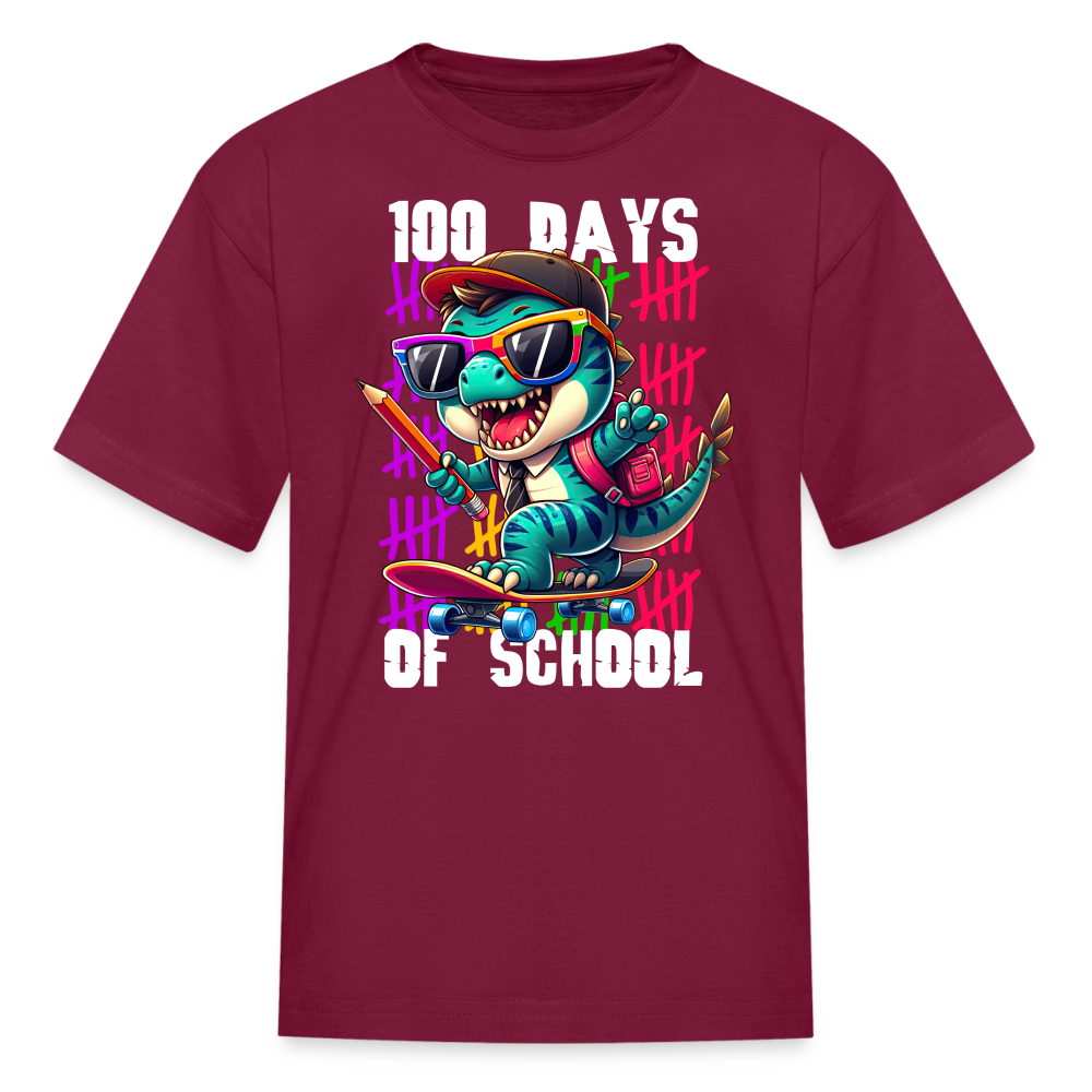 Dinosaur 100th day of school Tee Skater Dinosaur Kids School T-shirt - burgundy