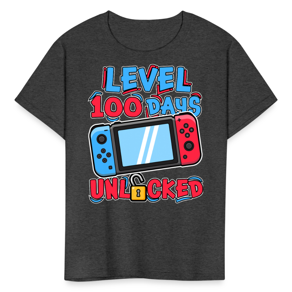 100 Days Unlocked Video Game Tee Gaming Milestone Kids T-shirt - heather black