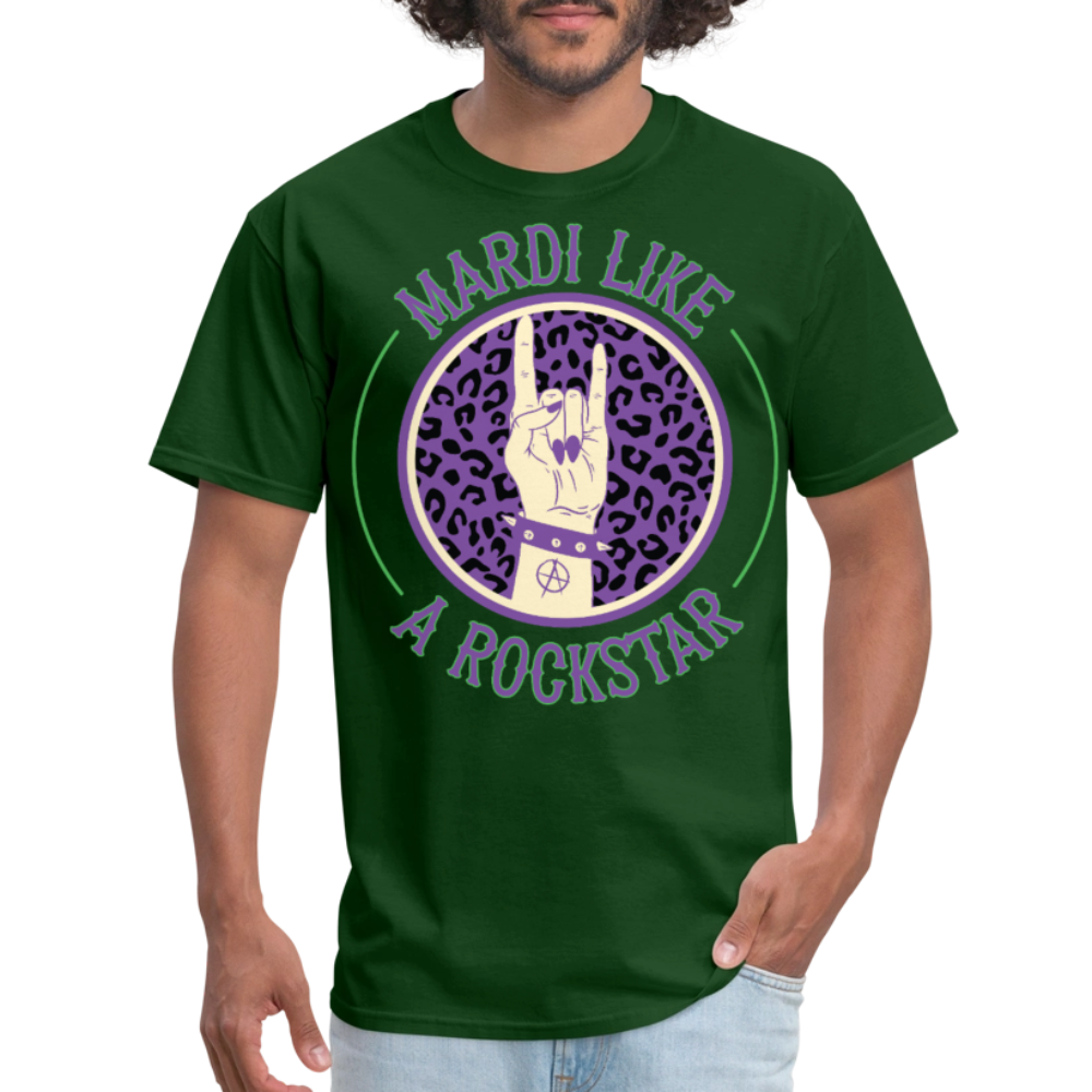 Leopard Print Rock Hand Gesture Tee Mardi Gras Rockstar T-shirt - forest green