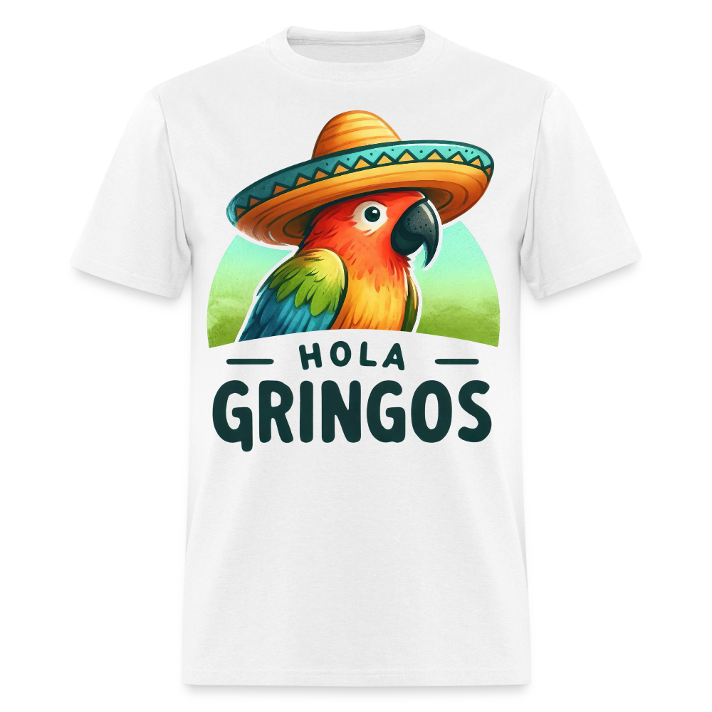 Colorful Parrot Sombrero Graphic Tee Hola Gringos Fiesta Party T-shirt - white