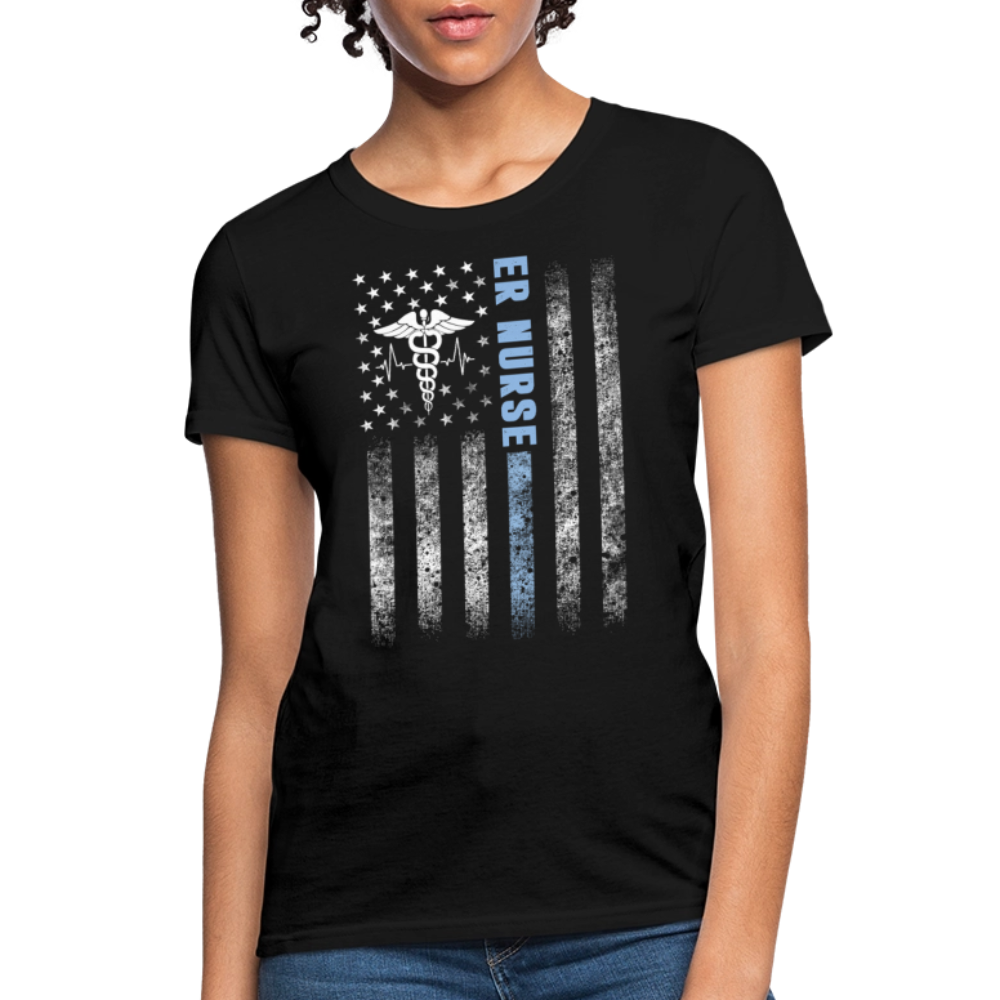 Blue Line ER Nurse American Flag T-Shirt - black