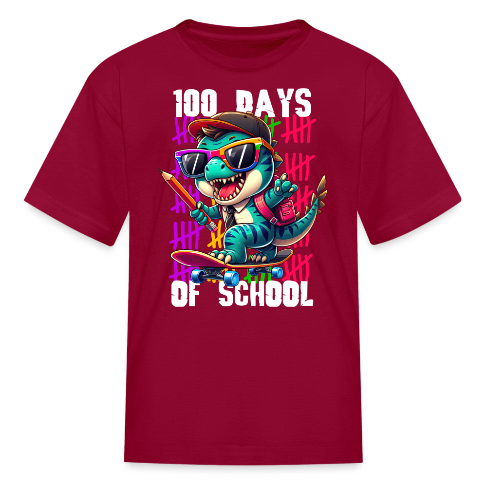 Dinosaur 100th day of school Tee Skater Dinosaur Kids School T-shirt - dark red