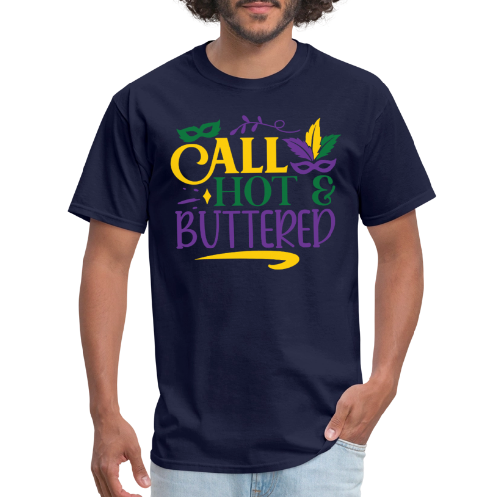 Funny Fat Tuesday Tee Hot & buttered Mardi Gras T-shirt - navy