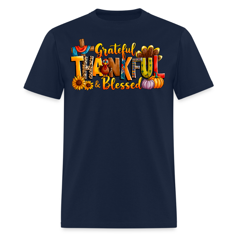 Grateful Thankful Blessed Thanksgiving Family T-Shirt - navy