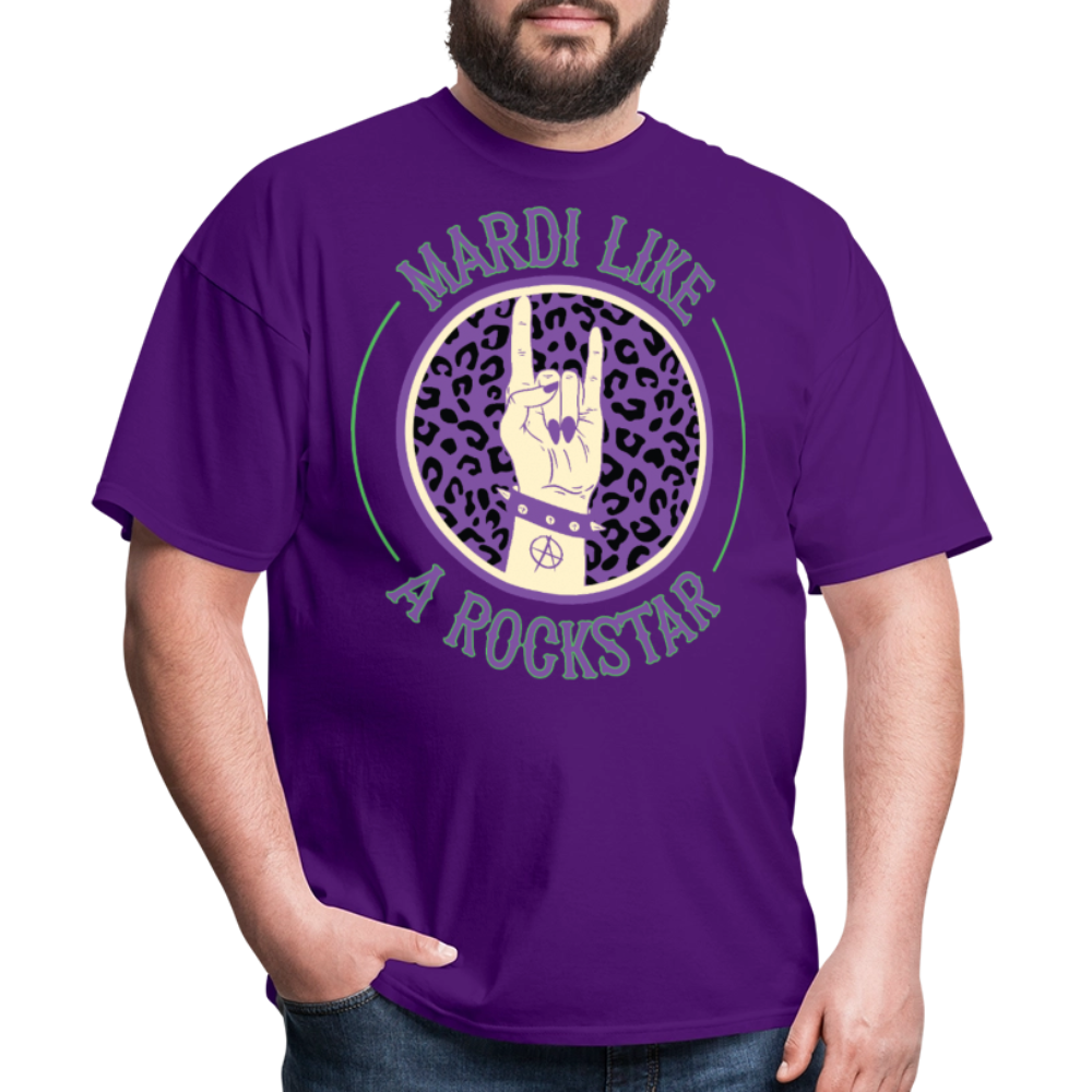 Leopard Print Rock Hand Gesture Tee Mardi Gras Rockstar T-shirt - purple