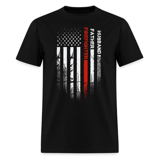 Firefighter Husband Father Thin Red Line American Flag T-Shirt - black