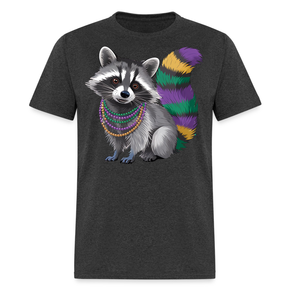 Cute Raccoon Mardi Gras Outfit With Beads Colorful Mardi Gras T-shirt - heather black