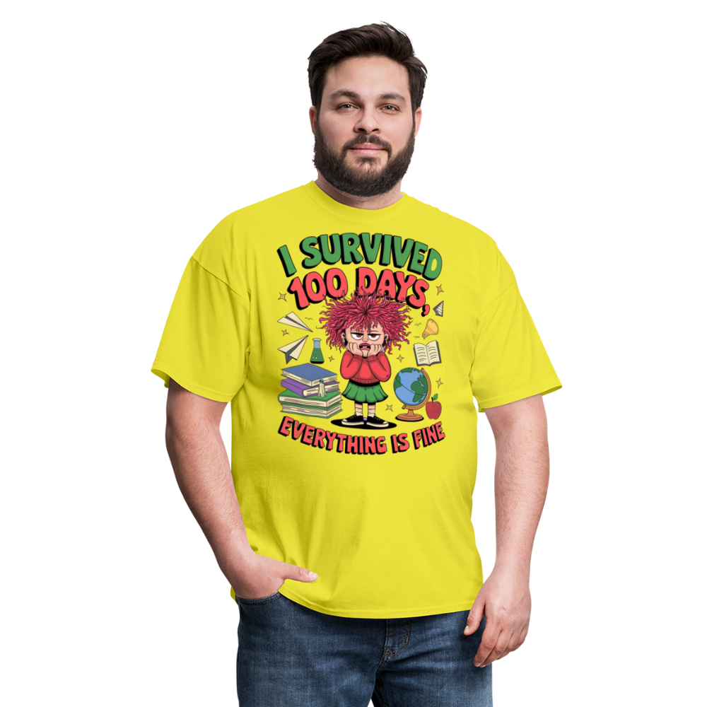 I Survived 100 Days Everything is Fine Tee Funny School Anniversary T-Shirt - yellow