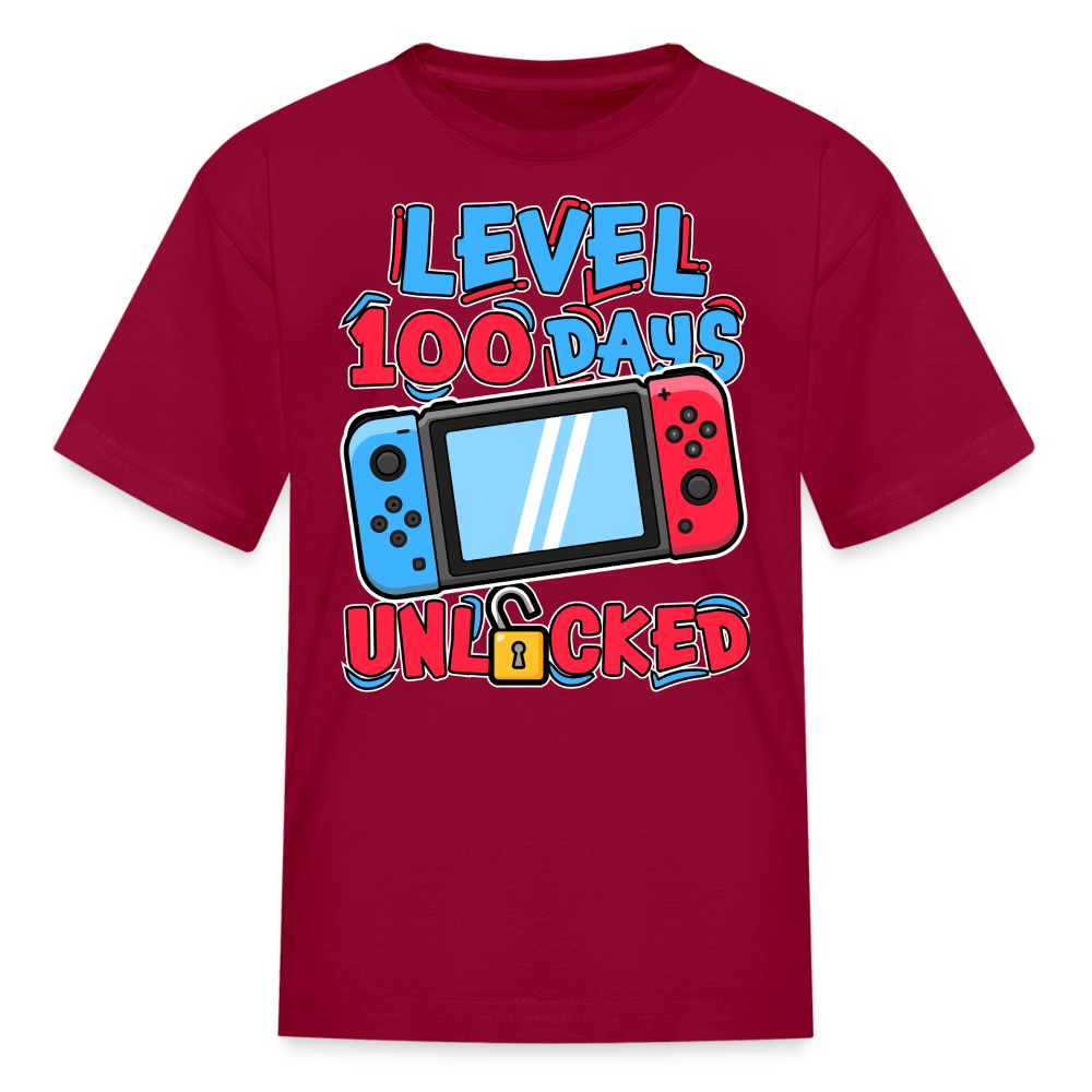 100 Days Unlocked Video Game Tee Gaming Milestone Kids T-shirt - dark red